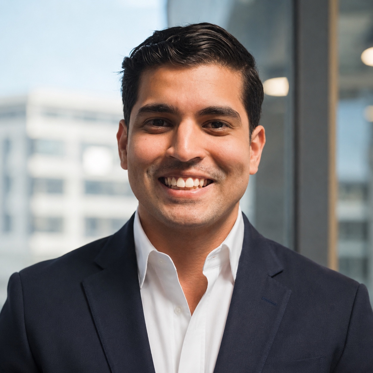 Javier Palacio, professional headshot in a navy suit